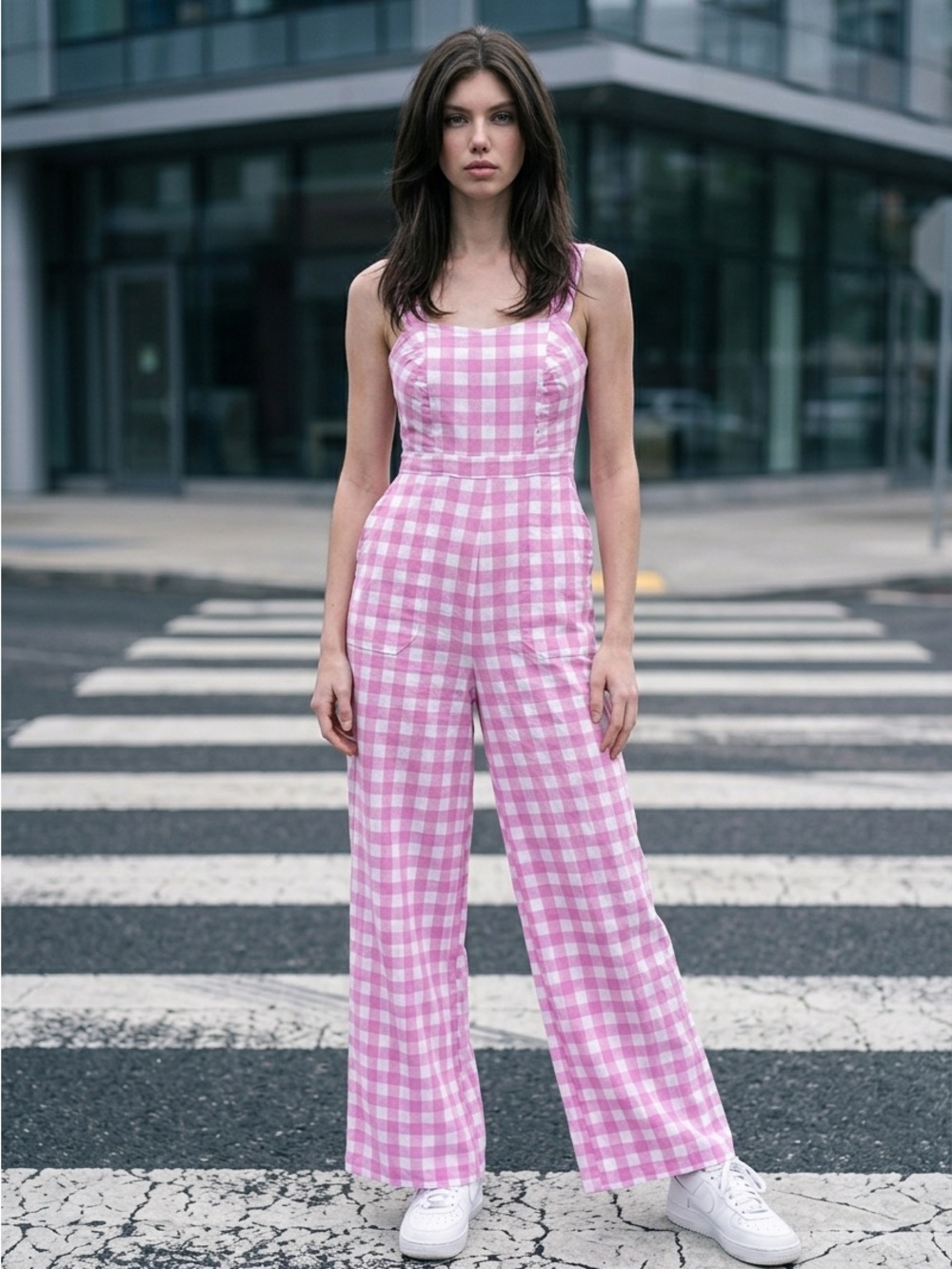 Monki Pink & White Gingham Square-Neck Wide-Leg Jumpsuit